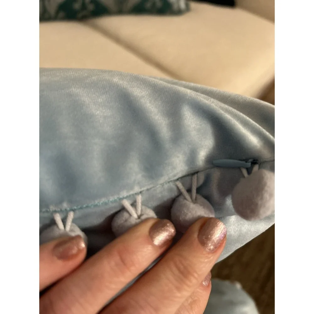 Set of 2 Velvet Pillow Covers Ice Blue with Pom‎ poms Boho Baby Bohochic